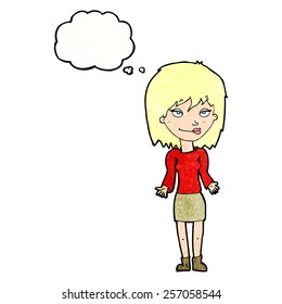 cartoon woman shrugging shoulders with thought bubble