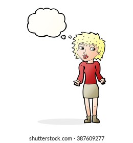 cartoon woman shrugging shoulders with thought bubble