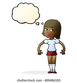 cartoon woman shrugging shoulders with thought bubble