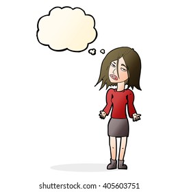 cartoon woman shrugging shoulders with thought bubble