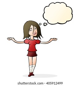 cartoon woman shrugging shoulders with thought bubble