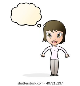 cartoon woman shrugging shoulders with thought bubble