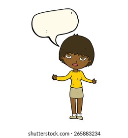 cartoon woman shrugging  with speech bubble