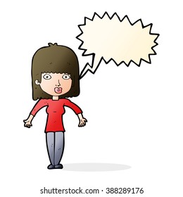 cartoon woman shrugging with speech bubble