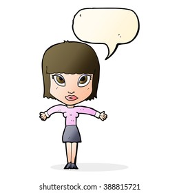 cartoon woman shrugging with speech bubble