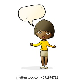 cartoon woman shrugging  with speech bubble