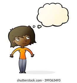 cartoon woman shrugging with thought bubble