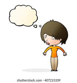 cartoon woman shrugging with thought bubble