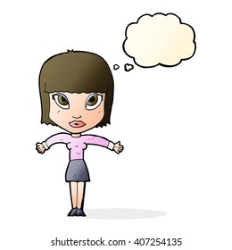cartoon woman shrugging with thought bubble