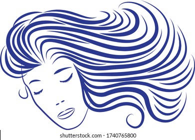 Cartoon woman silhouette with blue hair looking like sea waves. Cartoon sea wave vector illustration on a white background