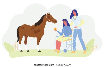 Cartoon Woman Sit in Wheelchair, Feed Horse, Medical Nurse Assist Vector Illustration. Animal Farm Rehab, Rehabilitation Center, Physically Disabled Treatment, Handicapped Person Support