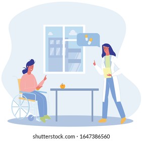 Cartoon Woman Sit in Wheelchair in Hospital Ward Vector Illustration. Doctor Give Recommendation. Female Patient Physically Disabled, Handicapped Person Rehabilitation Treatment, Adaptation, Support