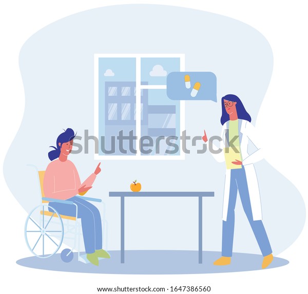 病室の病棟の車椅子に座る漫画の女性のベクターイラスト 医者が推薦する 女性の身体障害者 障害者のリハビリ 適応 サポート のベクター画像素材 ロイヤリティフリー