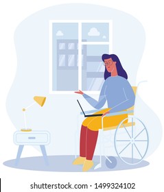 Cartoon Woman Sit in Wheelchair with Notebook Hospital Ward Vector Illustration. Physically Disabled, Handicapped Person Rehabilitation. Internet Social Media Communication. Freelance Remote Work