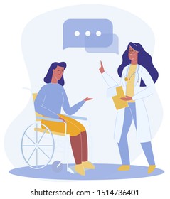 Cartoon Woman Sit in Wheelchair Talk to Therapist Vector Illustration. Doctor Give Recommendation Female Patient. Physically Disabled, Handicapped Person Rehabilitation Treatment, Adaptation, Support