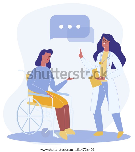車椅子に座った漫画の女性がセラピストのベクターイラストと話す 医者は女性患者 を推薦する 身体障害者リハビリ 適応 サポート のベクター画像素材 ロイヤリティフリー