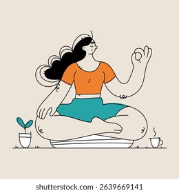 A cartoon woman sits in a lotus position meditating, exuding calmness. A small plant and steaming cup of coffee are on the sides, contributing to the serene mood.