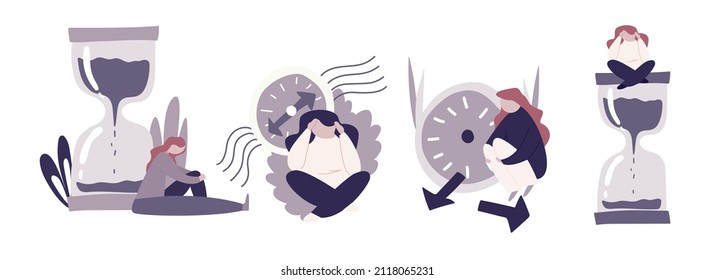 Cartoon woman sits on an hourglass. The female reproductive system. Broken Watch. Thoughts about pregnancy. The onset of menopause. Colorful vector illustration on a white isolated background.