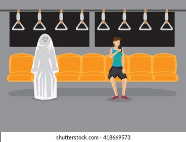 Cartoon woman sitting alone in metro using hand phone and unaware of a ghost beside her. Creative vector illustration on supernatural encounter concept.