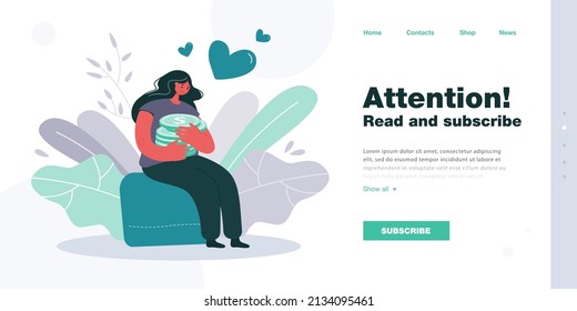 Cartoon woman sitting and hugging stack of gold coins. Girl saving money flat vector illustration. Savings, finances, investment, banking concept for banner, website design or landing web page