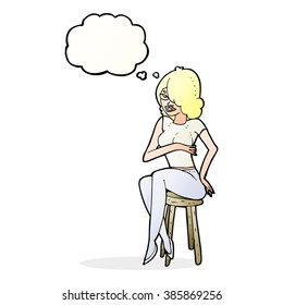 cartoon woman sitting on bar stool with thought bubble
