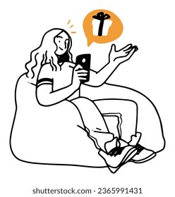 a cartoon of a woman sitting on a bean bag and holding a gift