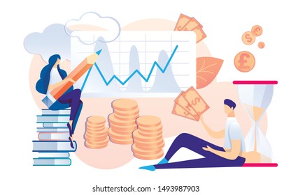 Cartoon Woman Sitting Book Stack and Pencil Draw Graphic Grow  Man Hold Dollar Banknotes Vector Illustration  Money Profit Earnings Analyze  Financial Strategy Analitics  Time Management