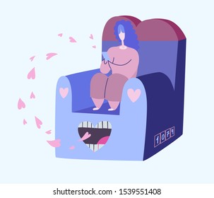 Cartoon woman sitting on chair and looking on smartphone screen, chatting and receiving hearts concept. Social networks vector illustration for your design.  