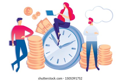 Cartoon Woman Sitting on Clock with Notebook Vector Illustration. Manager Talk to Man Client Vector Illustration. Financial Earnings Discussion. Worker Salary Working Time Payment. Time is Money