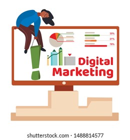 Cartoon Woman Sitting on Flat Huge Monitor with Digital Marketing Analytical and Statistical Data in Graphs and Charts and Hanging Metaphor Exclamation Mark. Successful Management. Vector Illustration