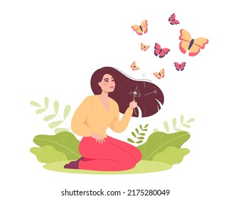 Cartoon woman sitting on grass and blowing dandelions. Girl with happy face, dandelion seeds turning into butterflies flat vector illustration. Dreams, summer, spring, nature concept for banner