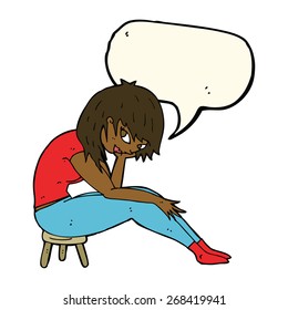 cartoon woman sitting on small stool with speech bubble