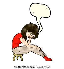 cartoon woman sitting on small stool with speech bubble