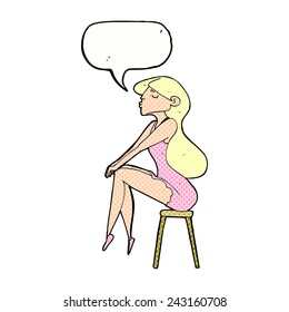 cartoon woman sitting on stool with speech bubble