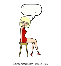 cartoon woman sitting on stool with speech bubble
