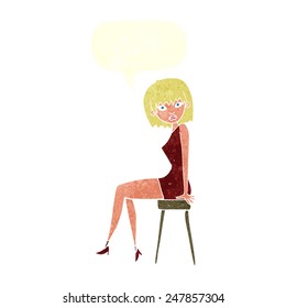 cartoon woman sitting on stool with speech bubble
