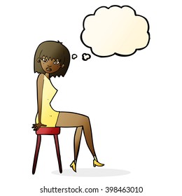 cartoon woman sitting on stool with thought bubble