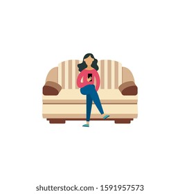 Cartoon woman sitting on striped yellow and brown sofa looking at her phone - isolated flat vector illustration on white background. Young girl relaxing at home at leisure time