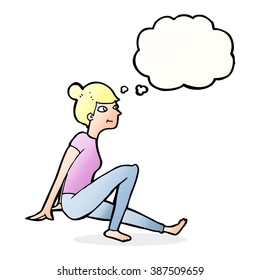 cartoon woman sitting with thought bubble
