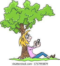 Cartoon woman sitting under a tree checking her social media messages on her cell phone vector illustration