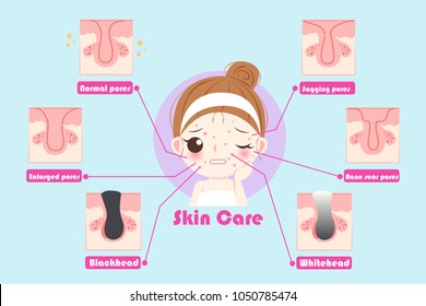 cartoon woman with skin care problem on the blue background