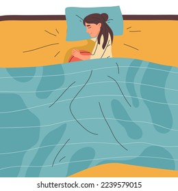 Cartoon woman sleep in bed. Young resting female character, bedtime cozy scene flat vector illustration isolated on white background