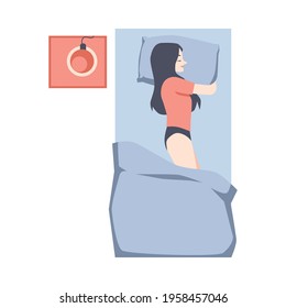 Cartoon woman sleeping in bed with pillow. Top view of young girl in side sleep position isolated on white background, flat vector illustration of person lying sideways.