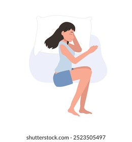 Cartoon Woman Sleeping Peacefully in Pajamas. Dreamland Night Scene with Pillow Comfort