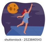 Cartoon Woman Is Sleepwalking On A Rooftop Under The Glow Of A Full Moon. Her Eyes Are Closed And She Has A Peaceful Expression. Night Sky Is Filled With Stars, Creating A Serene And Dreamlike Scene