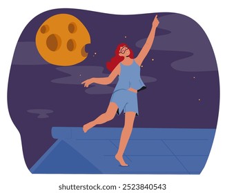 Cartoon Woman Is Sleepwalking On A Rooftop Under The Glow Of A Full Moon. Her Eyes Are Closed And She Has A Peaceful Expression. Night Sky Is Filled With Stars, Creating A Serene And Dreamlike Scene