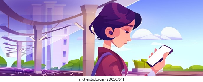 Cartoon woman with smartphone in city street. Female character in earphones looking at blank gadget screen, waiting transport on station under glass roof. Urban girl using mobile app. Vector design