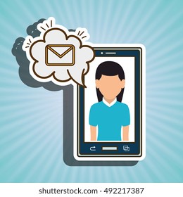 cartoon woman smartphone cloud email