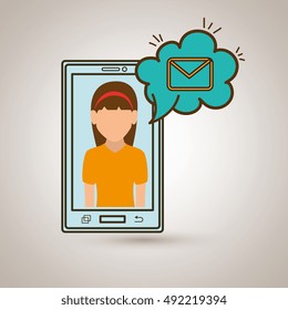 cartoon woman smartphone cloud email