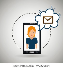 cartoon woman smartphone cloud email